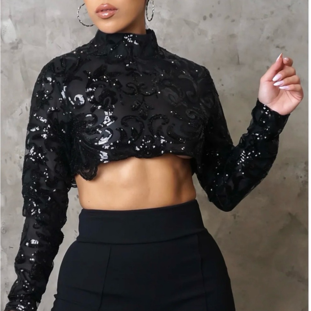 Elegant Black Sequin Crop Top